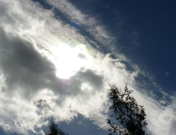 In de cirrusbewolking is irisatie zichtbaar. Als de druppels in een wolk van ongeveer dezelfde grootte zijn, dan kan een verkleuring plaatsvinden voor de breking van het licht (foto Ria Mensink - Deventer september 2013)